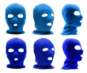 2 Set of blue classic knit knitted woven cuffed wool ribbed fleece balaclava face ski mask headgear, front side view on transparent cutout PNG file. Mockup template for artwork design