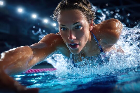 Swimmer performs a powerful freestyle stroke during a competitive swimming event at night