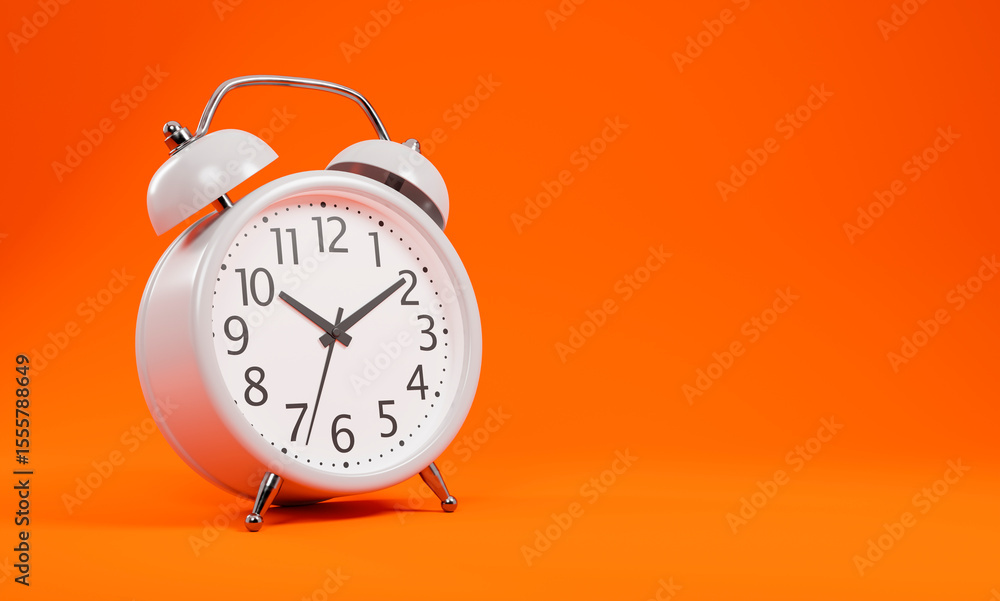 Aufkleber classic white alarm clock with metal bells and legs displayed in a 3d rendering style on a vibrant o