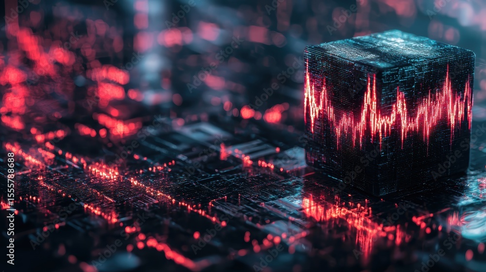 Poster a glowing cube with digital pulse lines stands on a circuit board, symbolizing advanced technology a