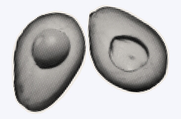Two halves of an avocado, ripe exotic fruit in halftone modern art style. Cutout from magazine for collage design with grunge texture. Peruvian pear, raw avocado, healthy ingredient. Vector