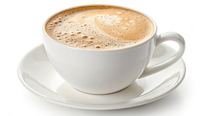 Obraz premium Photo of a steaming cup of coffee with a swirl of foam sits on a saucer, isolated on white background