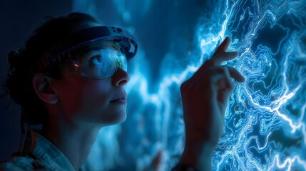 Scientist using augmented reality glasses to interact with glowing digital data in a futuristic lab