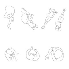 Minimal linear top view silhouettes of people sitting and walking, perfect for architectural plans, urban design projects, and infographics.