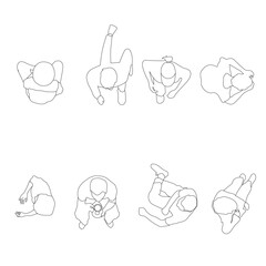 Clean line art silhouettes of people in various seated and walking positions viewed from above, ideal for floor plans, wayfinding systems, and modern infographics. 