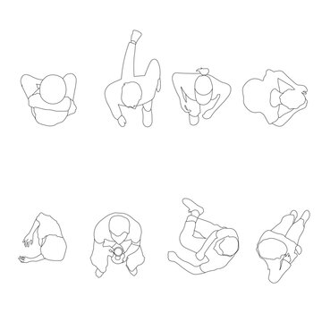 Clean line art silhouettes of people in various seated and walking positions viewed from above, ideal for floor plans, wayfinding systems, and modern infographics.
