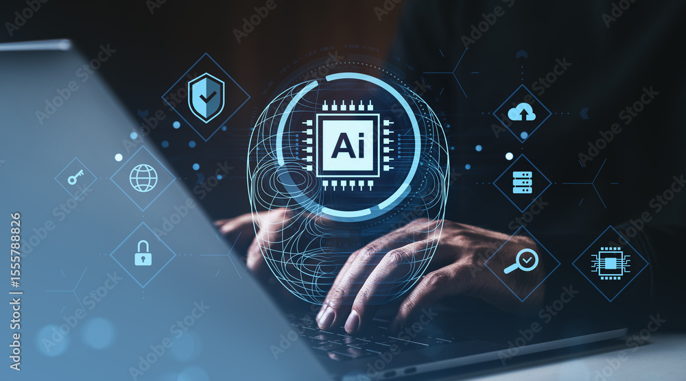 Poster cybersecurity and artificial intelligence integration visualized with digital interface and hands ty