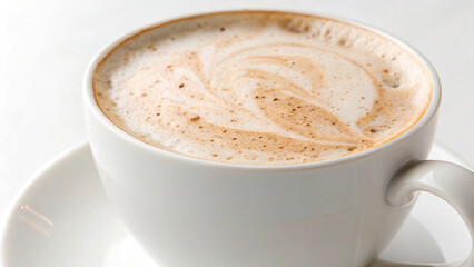 Photo of closeup of a latte with a swirled foam design in a white cup and saucer