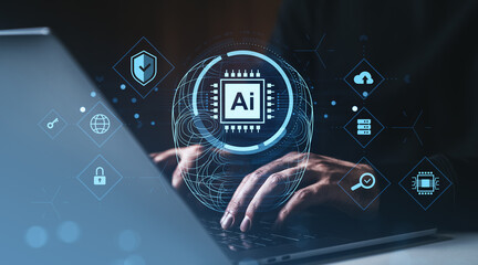 Cybersecurity and artificial intelligence integration visualized with digital interface and hands...