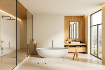 Modern minimalist bathroom interior with freestanding tub, wooden accents, and large window with...
