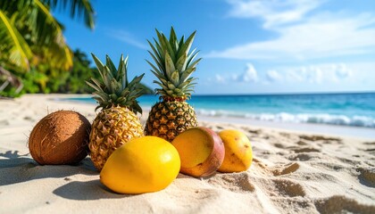 Pineapple, coconut and mango randomly arranged on sand, blue waves behind. Sharp photo, no people.