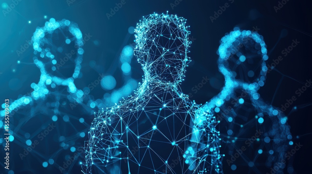 Poster digital wireframe silhouettes of three human figures connected by glowing nodes and lines on a blue 