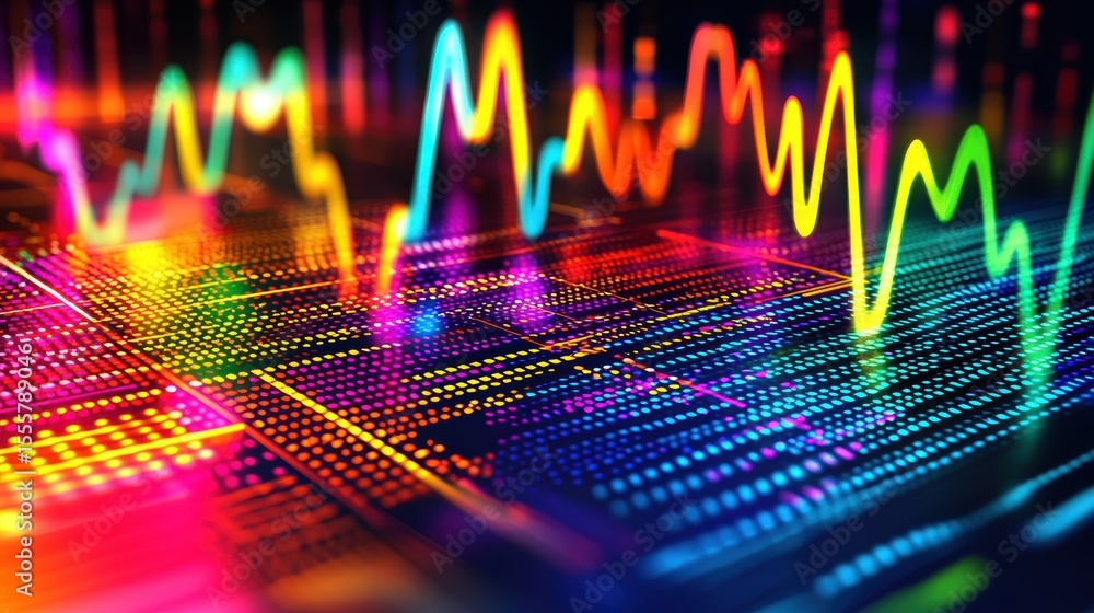 Poster a vibrant, colorful digital waveform displaying fluctuating data over a microchip, symbolizing techn