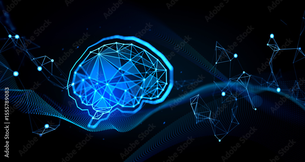Aufkleber 3d digital brain with glowing neural network connections and abstract data mesh on dark background, 