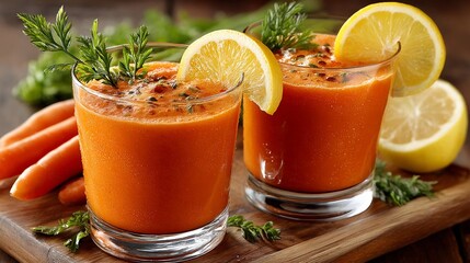 Freshly made carrot and lemon juice served in two glasses with herbs on a wooden board