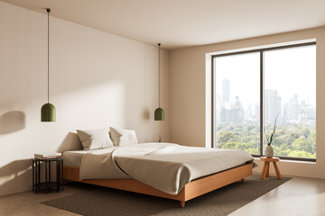 Minimalist bedroom interior with wooden bed, modern pendant lights, and city view through large...