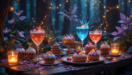 Fantasy Dessert and Drink Scene with Magical Lighting and Dreamlike Atmosphere