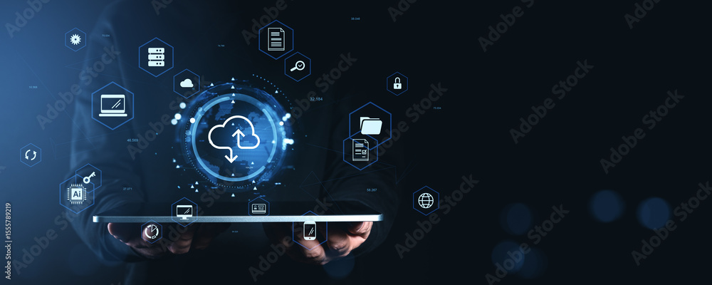 Poster cloud data storage interface with futuristic icons and digital devices in glowing blue tones on dark