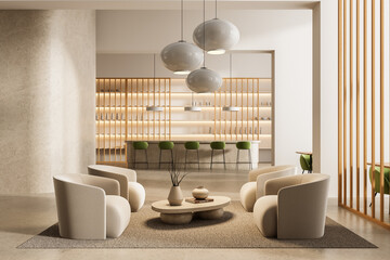 Modern lounge interior with minimalist furniture, pendant lights and bar area featuring green...