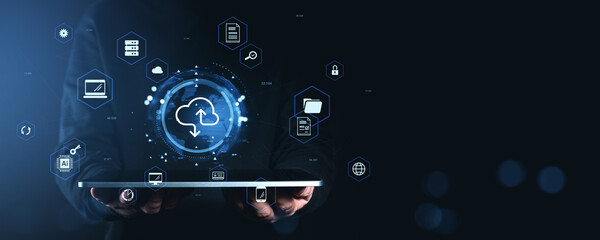 Cloud data storage interface with futuristic icons and digital devices in glowing blue tones on dark background, representing secure online technology system.