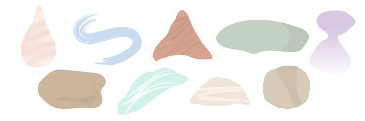 Set of 10 abstract vector shapes in pastel colors. Minimalist, hand-drawn elements with organic and soft forms. Ideal for backgrounds, branding, templates, social media, and modern graphic design