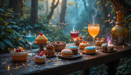 Fantasy Dessert and Drink Scene with Magical Lighting and Dreamlike Atmosphere