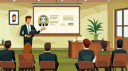 A professional man presents a resume or profile on a screen to a seated audience in a modern office setting, AI Trend