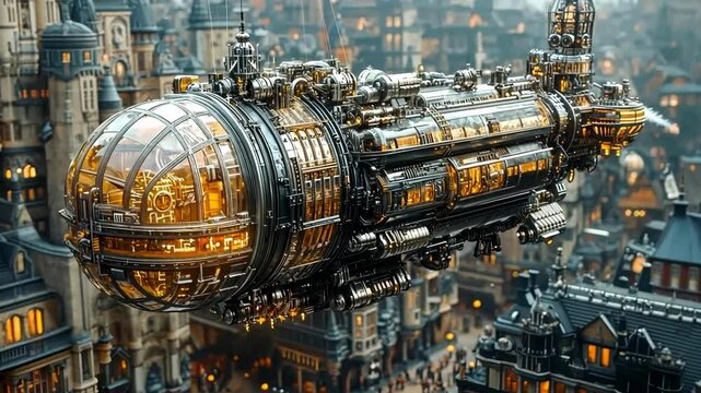 Giant steampunk submarine floating over a bustling city