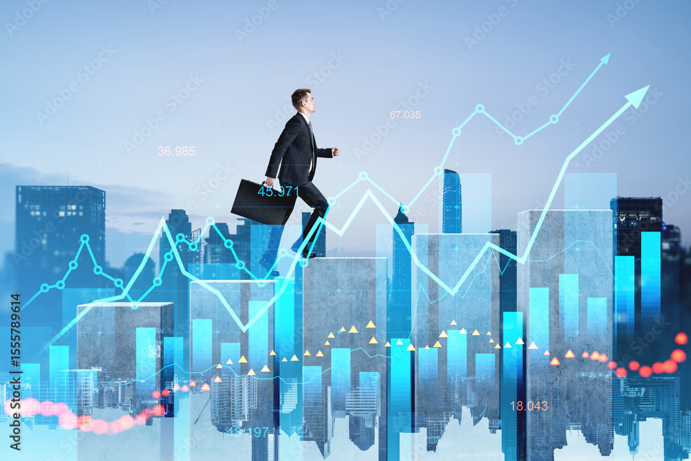 Poster businessman climbing abstract bar chart with data graphics in ci