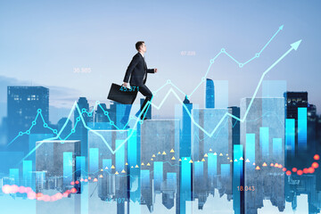 Businessman climbing abstract bar chart with data graphics in ci