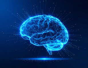 Futuristic brain outline made of interconnected lines and dots, illustrating concepts of digital thought, data connectivity, and the power of human and artificial intelligence.