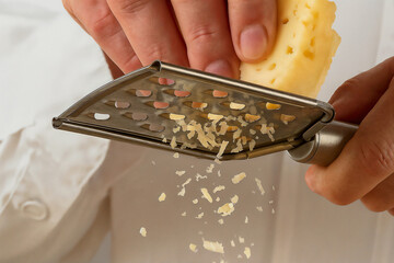 Hands grating yellow cheese on metal grater with cheese shavings falling onto white surface.