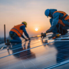 Modern Home Solar Upgrade Professional Team Installing Panels at Sunset