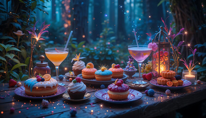 Fantasy Dessert and Drink Scene with Magical Lighting and Dreamlike Atmosphere