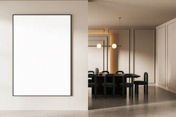 Blank framed poster mockup on clean wall in stylish modern dining room interior with minimal lighting and elegant decor elements for presentation. 3D Rendering