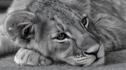 a grayscale photograph depicts a youthful member of the feline family, with its head resting on its paws, creating a scene of relaxed repose