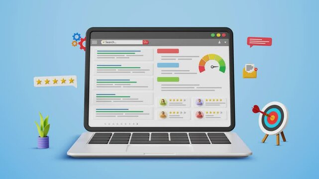 SEO ranking optimization, featured snippets, website SEO, web ranking, site rating, keyword target marketing. Optimized search engine results  page on a laptop. 4K 3D animation
