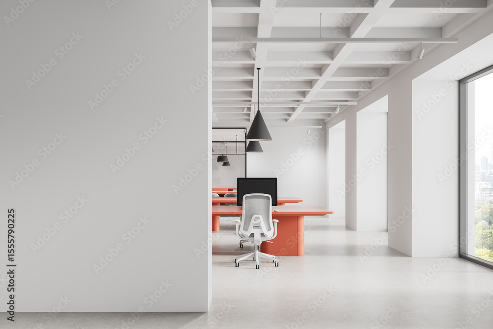 Fototapete modern office interior with blank white wall and coral desks for poster or design mockup presentatio