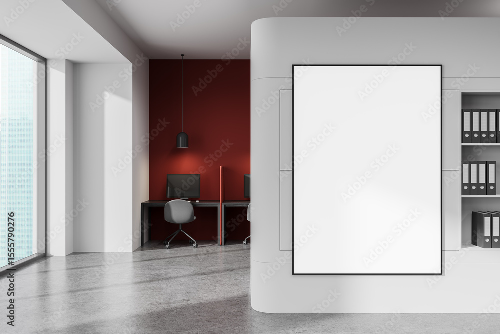 Fototapete blank vertical poster mockup on modern office wall with red accent background and workspace desks, c