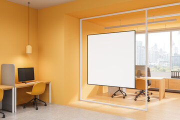 Blank poster hanging in modern office interior with yellow walls and city view through glass...