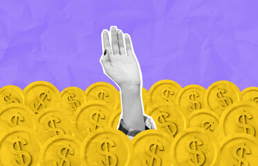 Monochrome hand raised among oversized yellow dollar coins on purple background, symbolizing...