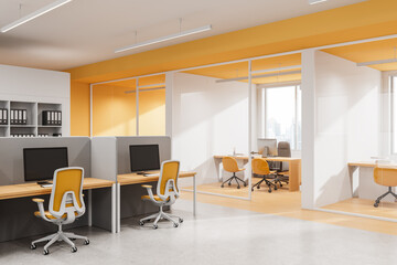 Modern open-plan office interior with yellow accents and glass-walled meeting rooms in clean...