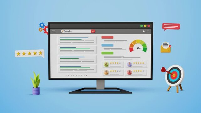 SEO ranking optimization, featured snippets, website SEO, web ranking, site rating, keyword target marketing. Optimized search engine results  page on a computer screen. 4K 3D animation