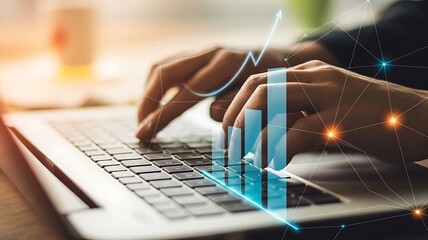 Hands typing on laptop with digital data overlay computer