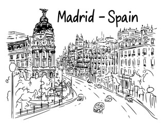 Obraz premium madrid gran via street with metropolis building sketch