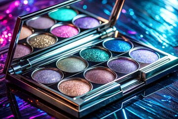 Vibrant eyeshadow palette with glitter and metallic colors reflects in a dark surface