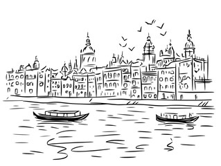 Fototapeta premium waterfront european city with boats vector sketch