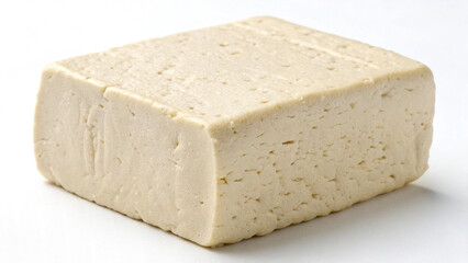Photo of a block of firm tofu is isolated on white background, showcasing its pale creamy texture and smooth surface
