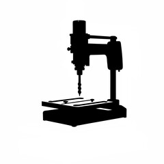 Silhouette of a milling machine cutting into a metal block on white background