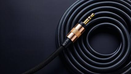 Quality Audio Cable with Gold-Plated 3.5mm Jack Plug, Coiled Neatly on a Dark Background, Representing Sound Connectivity and Premium Multimedia Experience